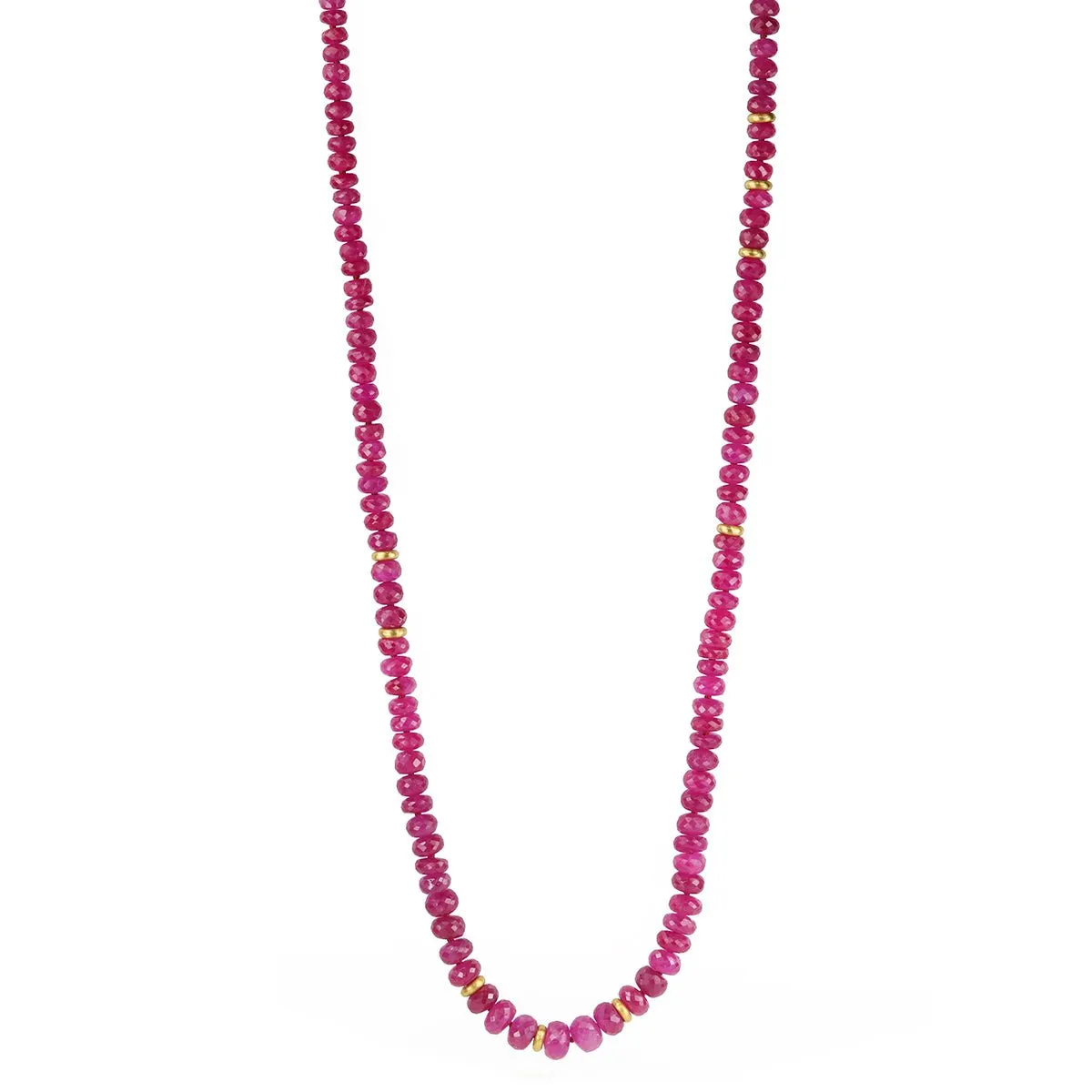 Long Faceted Ruby Beaded Necklace with 22K Gold Spacer Rings