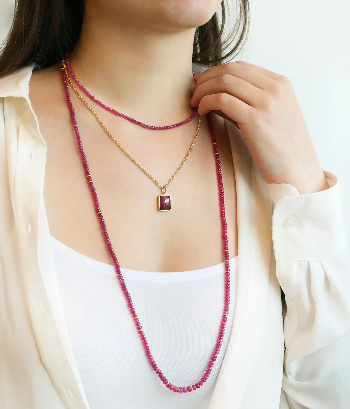 Long Faceted Ruby Beaded Necklace with 22K Gold Spacer Rings