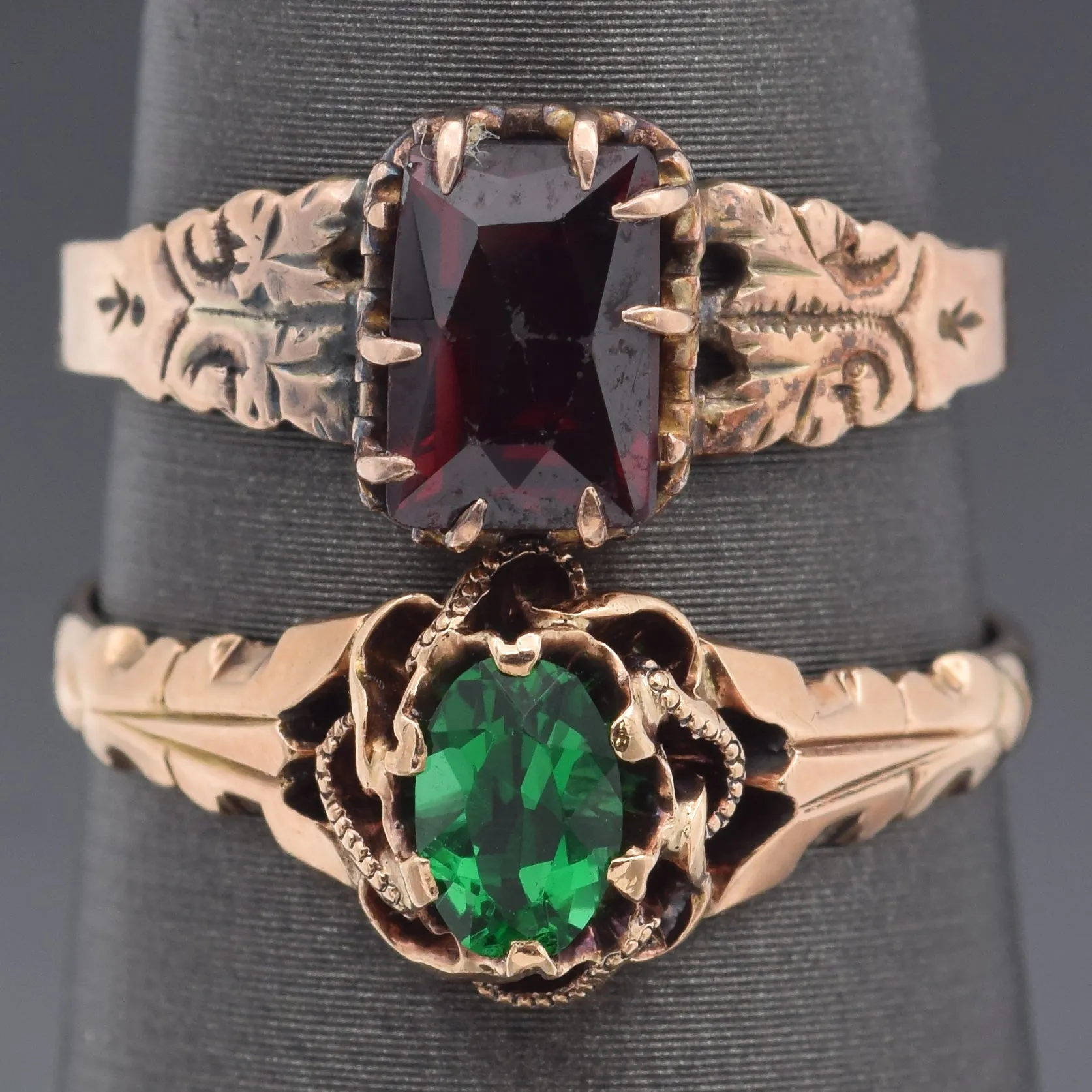 Lot of 2 Antique 10K Yellow Gold Garnet & Emerald Band Rings Size 6 & 6.75