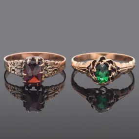 Lot of 2 Antique 10K Yellow Gold Garnet & Emerald Band Rings Size 6 & 6.75