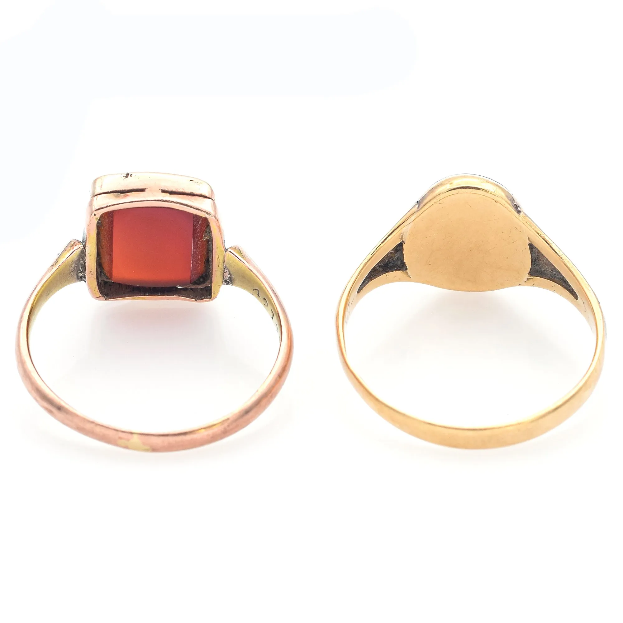 Lot of 2 Antique Milne 18K & 14K Yellow Gold Carnelian Band Rings Size 6 & 6.5