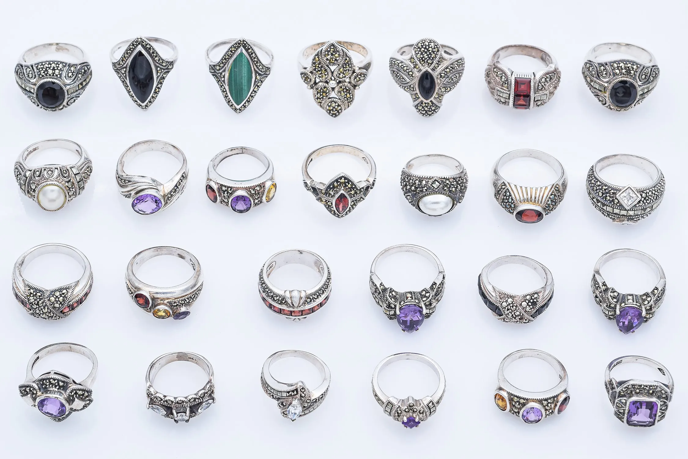 Lot of 26 Judith Jack Sterling Silver Marcasite & Multi-Stone Rings