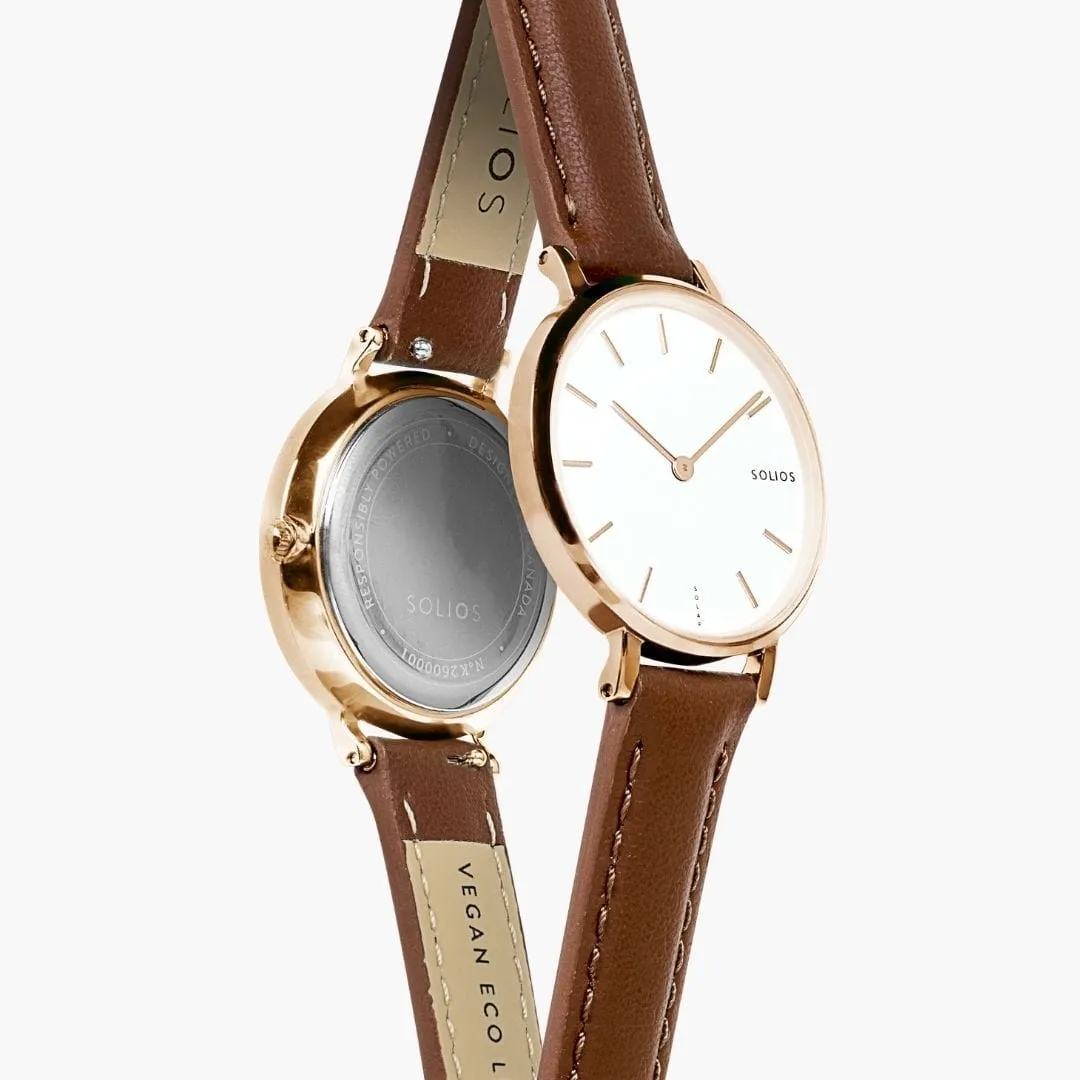 Mini Solar Watch with White & Rose Gold Dial  | Brown Vegan Leather Strap