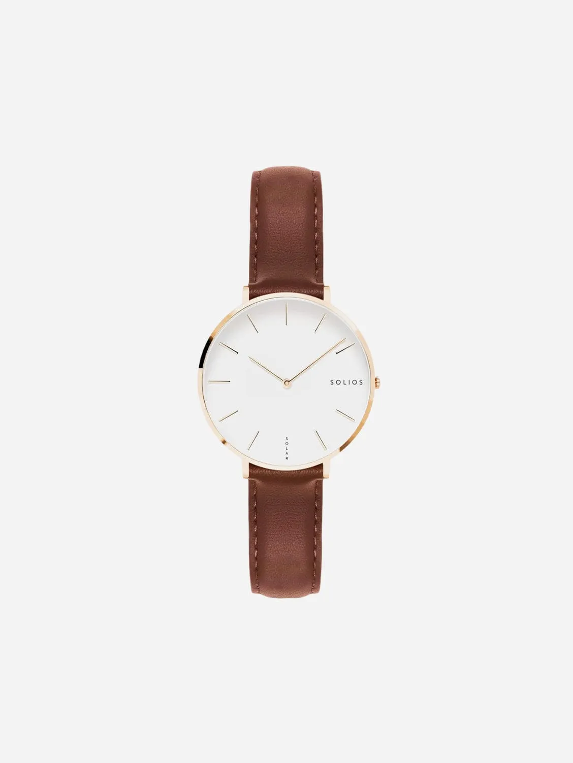 Mini Solar Watch with White & Rose Gold Dial  | Brown Vegan Leather Strap