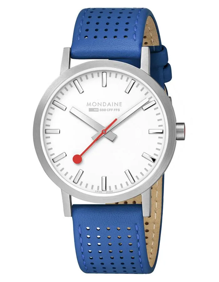 Mondaine Womens Classic Watch - Stainless Steel - White Dial -Blue Leather Strap