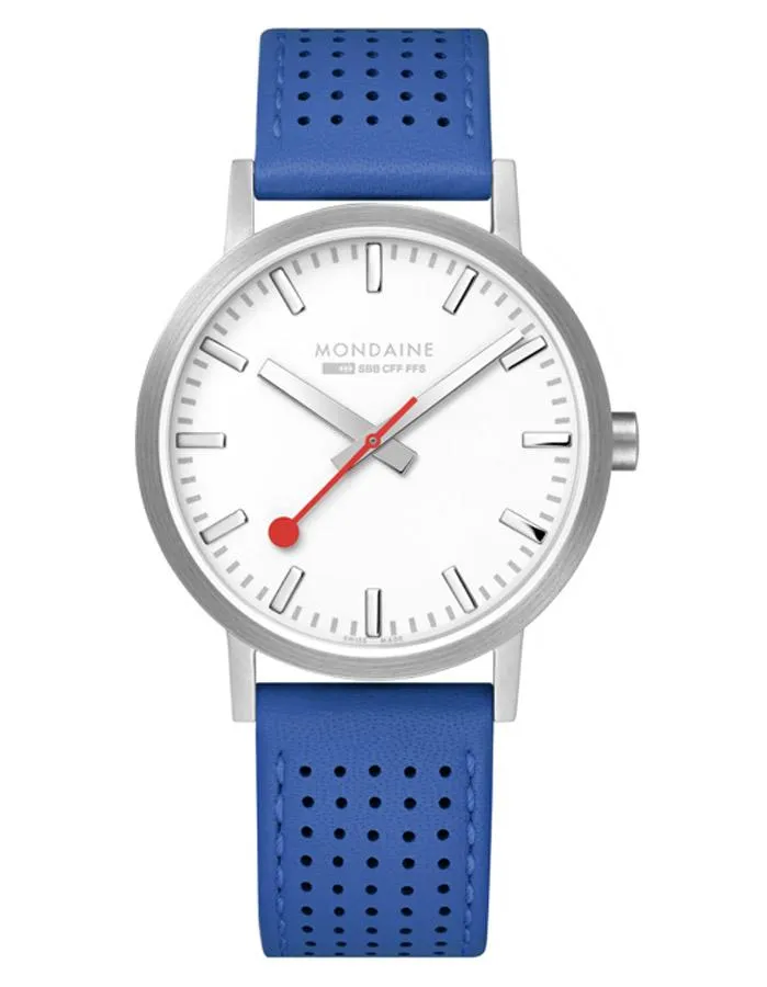 Mondaine Womens Classic Watch - Stainless Steel - White Dial -Blue Leather Strap