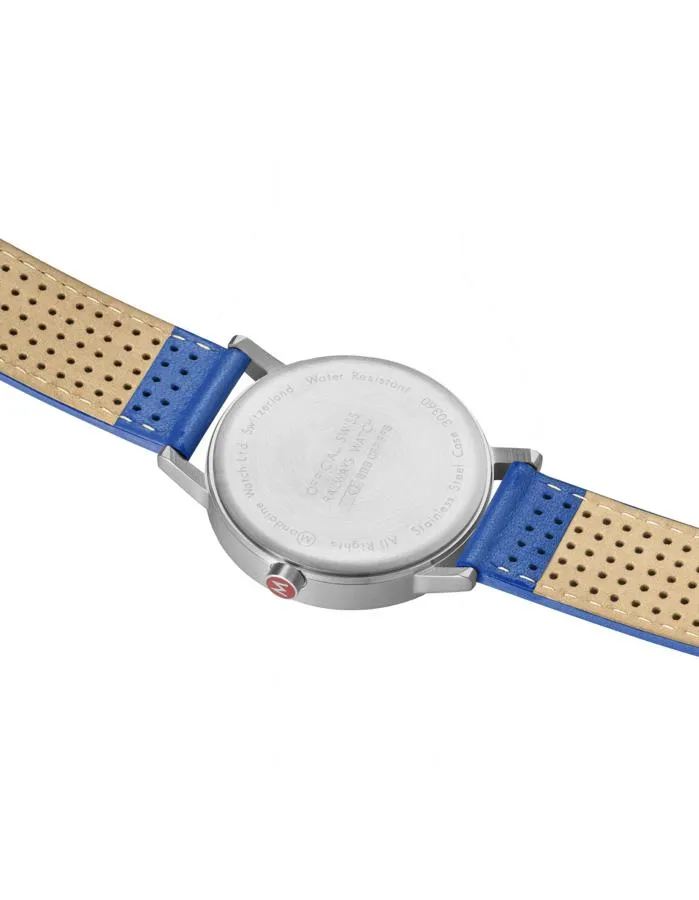 Mondaine Womens Classic Watch - Stainless Steel - White Dial -Blue Leather Strap