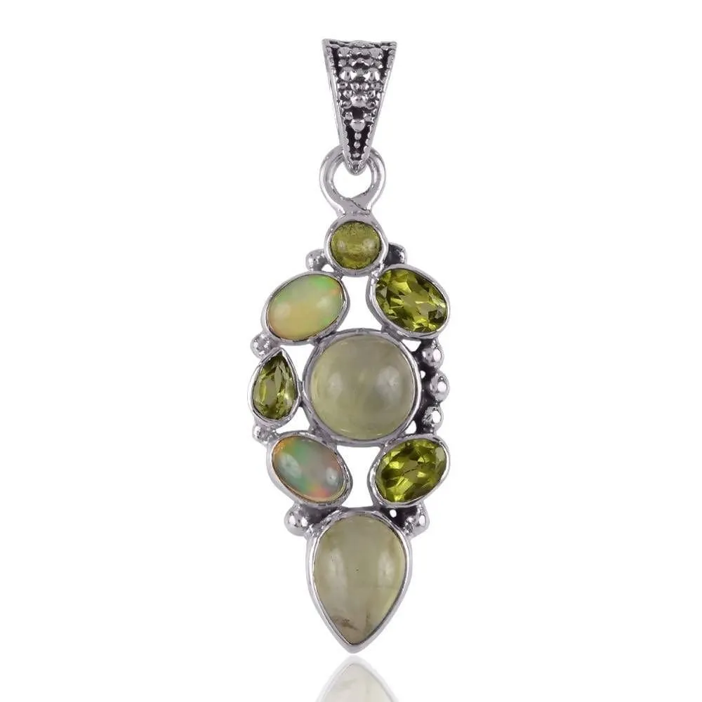 Natural Ethiopian Opal, Idocrase, Peridot And Prehnite Gemstone Sterling Silver Pendant