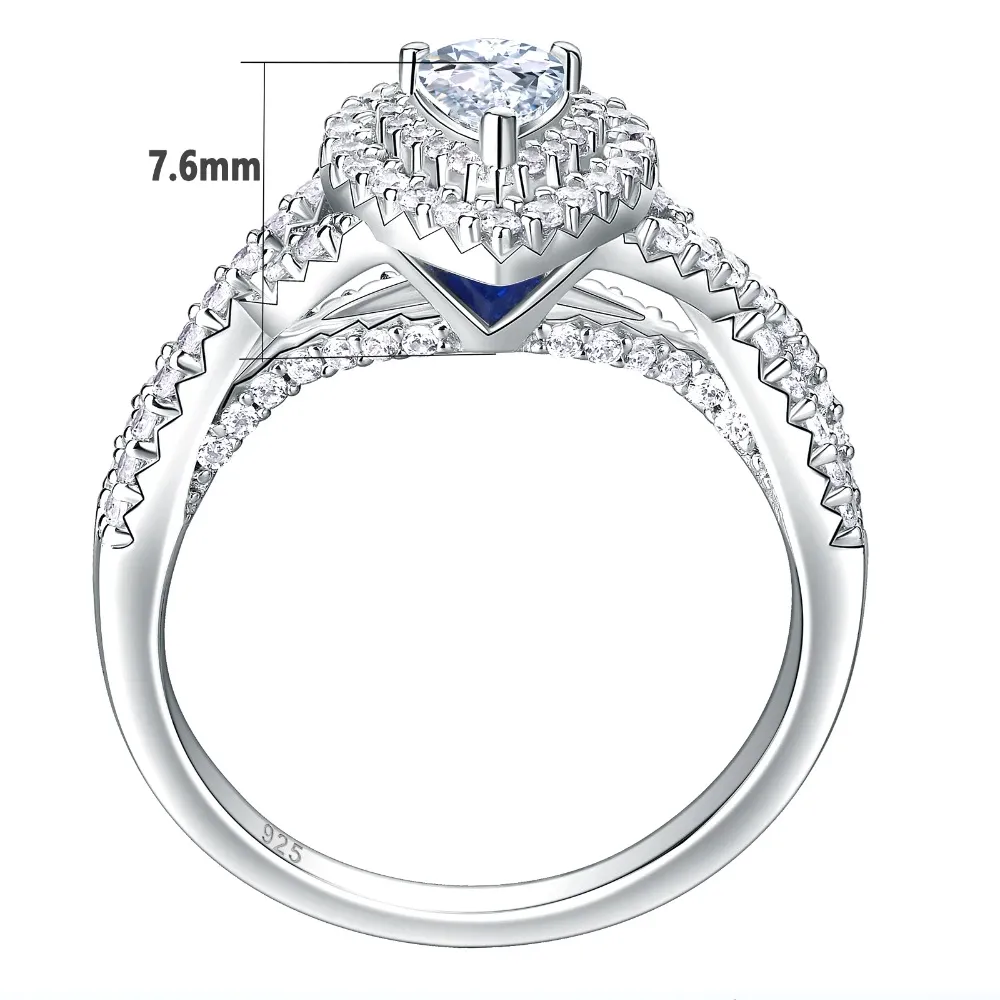 Pear Shape Engagement Rings Set 1.7 Ct Princess Cut CZ Sterling Silver