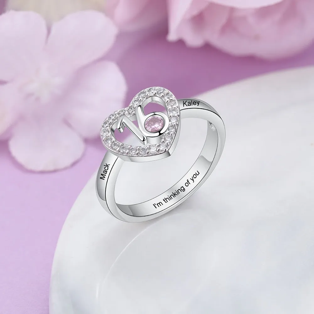 Personalized Birthstone Heart Rings for Women Customized Engraved Name Ring with Zirconia 16 Years Old Birthday Gifts