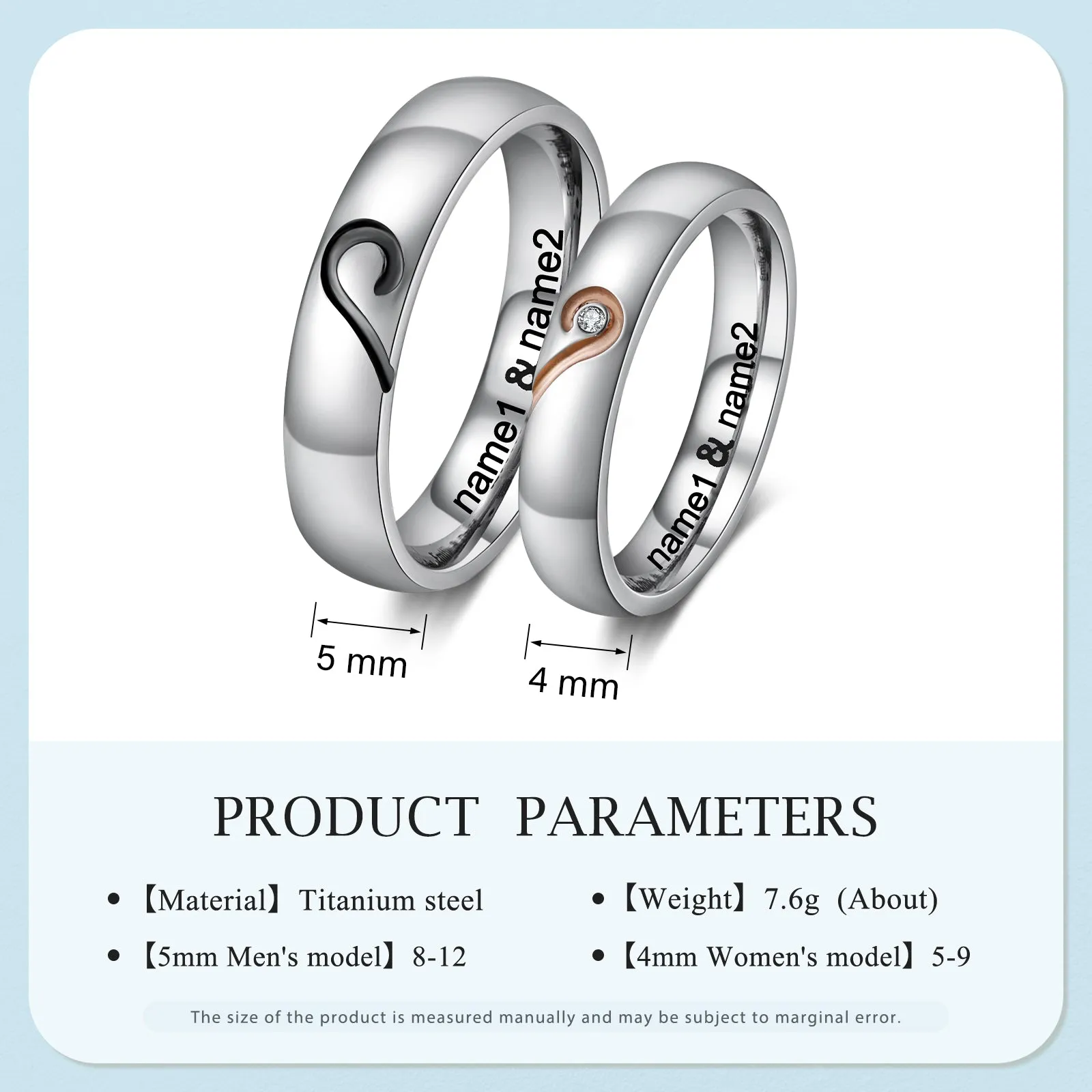 Personalized His and Hers Promise or Wedding Ring Set Matching Hearts Couples Rings