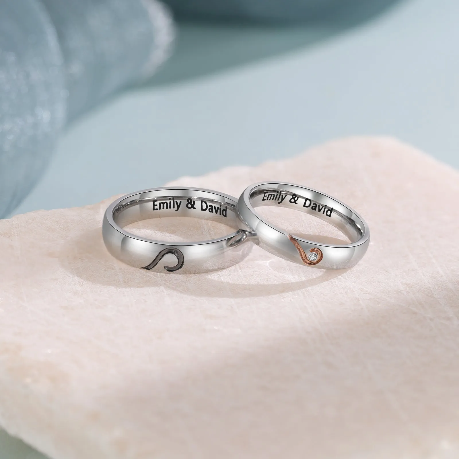 Personalized His and Hers Promise or Wedding Ring Set Matching Hearts Couples Rings