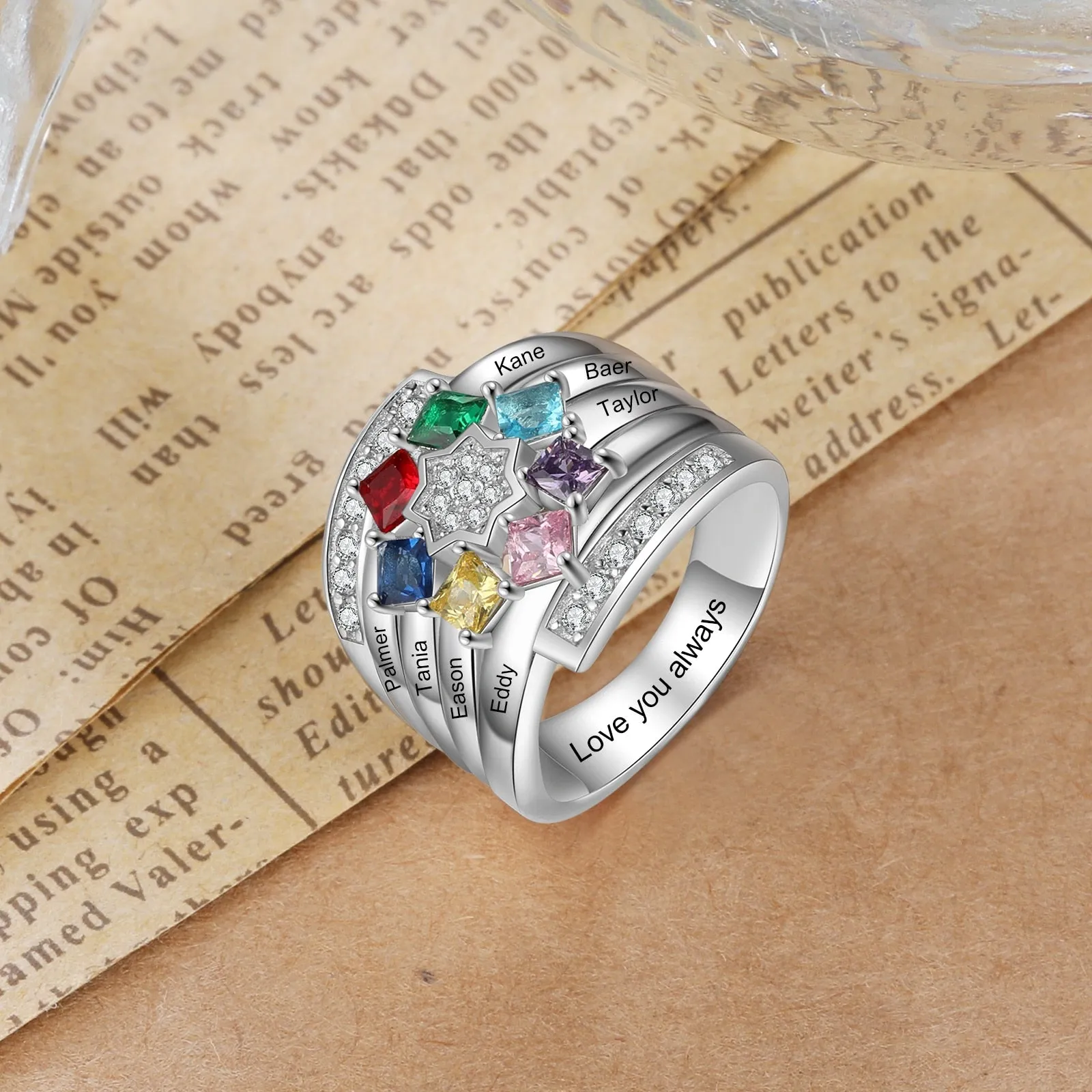 Personalized Mothers Ring with 7 Square Birthstones Zirconia Star Customized Engraving Family Name Rings for Women Gift