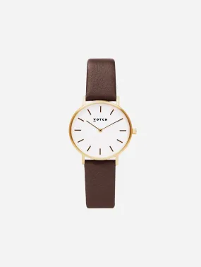 Petite Watch with Gold & White Dial | Brown Vegan Leather Strap