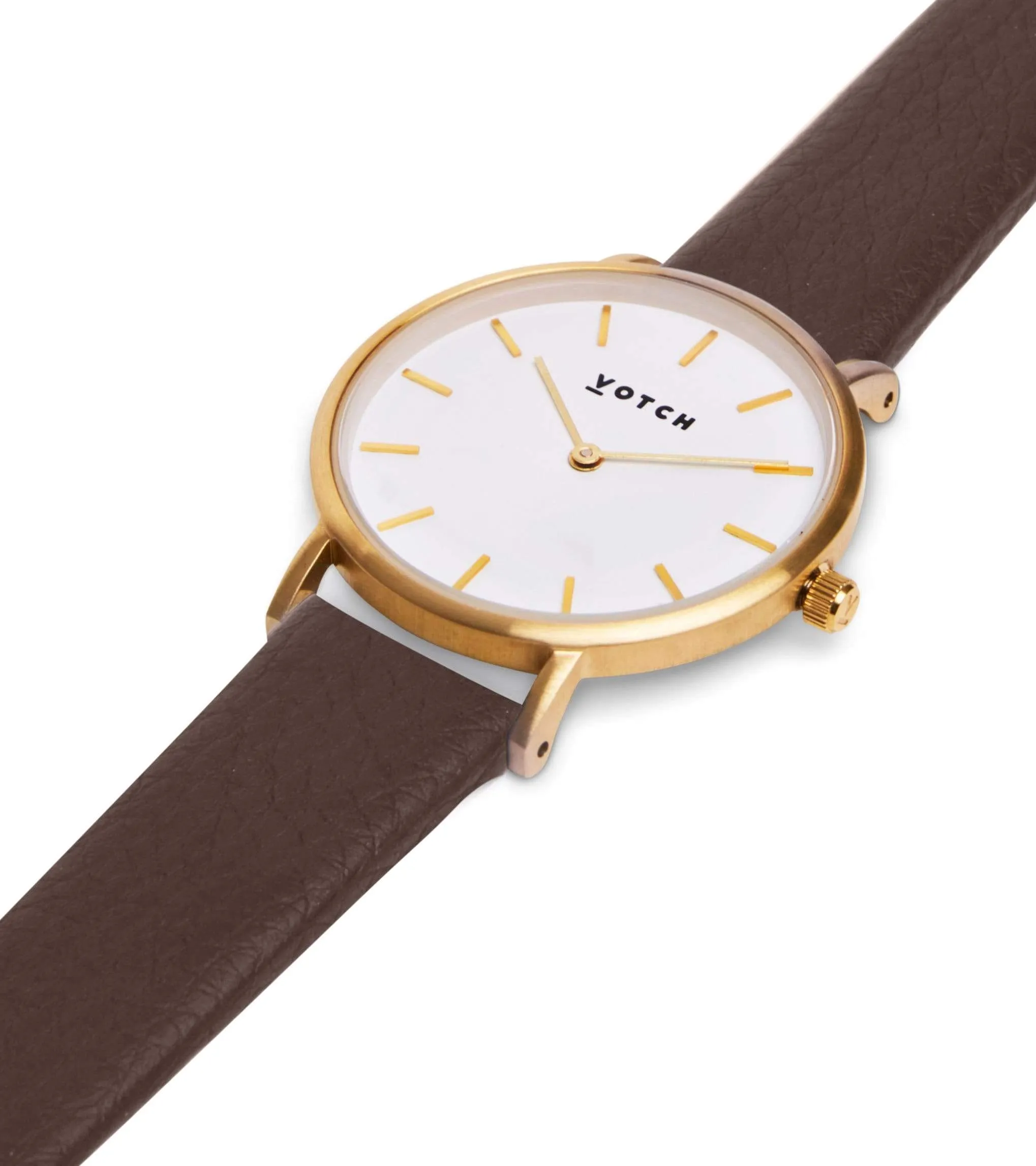 Petite Watch with Gold & White Dial | Brown Vegan Leather Strap