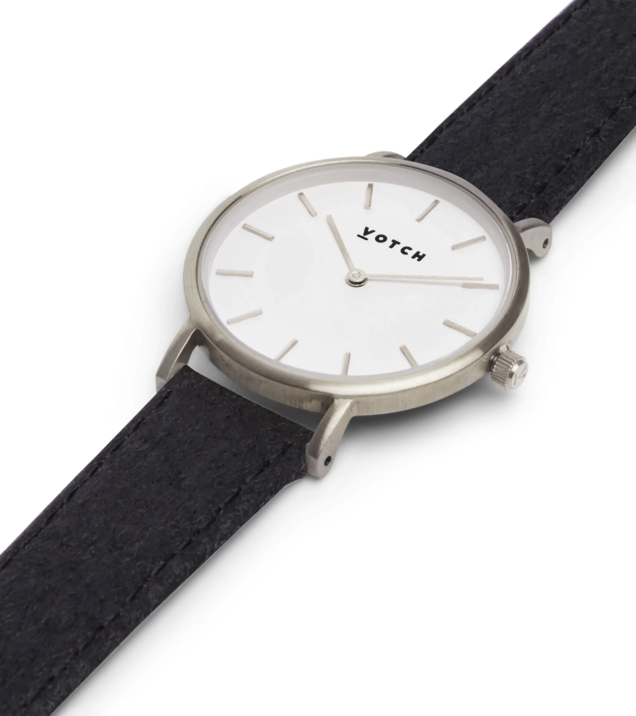 Petite Watch with Silver & White Dial | Black Piatex Vegan Leather Strap