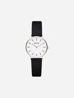 Petite Watch with Silver & White Dial | Black Piatex Vegan Leather Strap