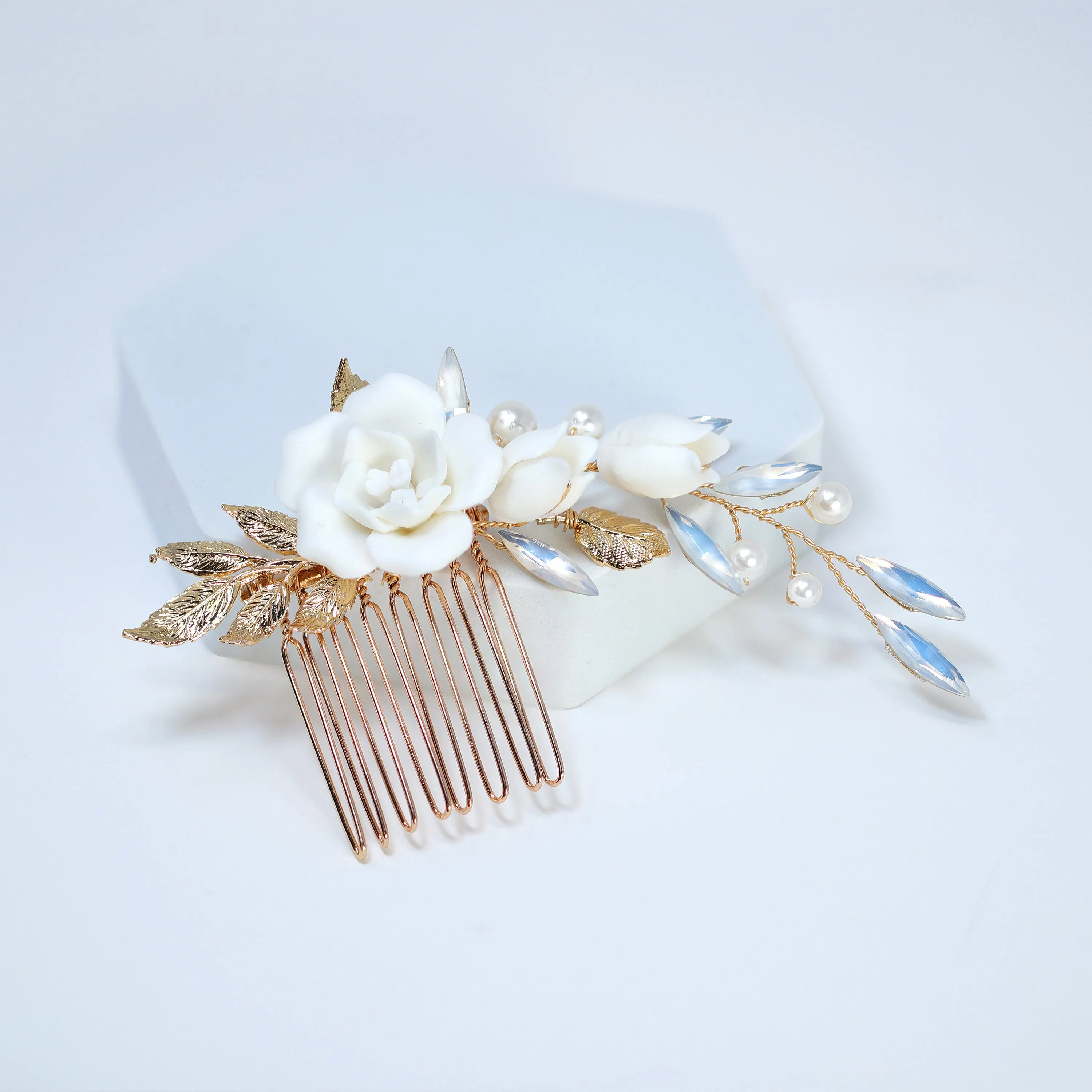 Porcelain White Rose With Dancing Lily Blossom Hair comb, Bridal Hair piece, Something Blue Hair Accessories, Wedding Hair Accessory.