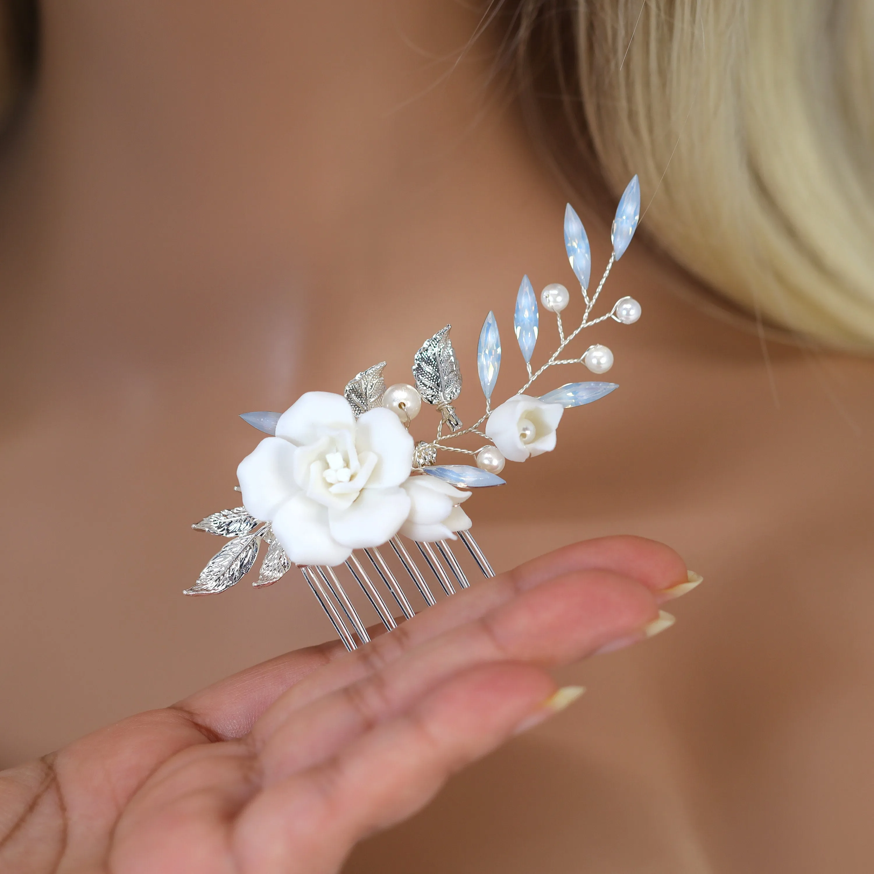 Porcelain White Rose With Dancing Lily Blossom Hair comb, Bridal Hair piece, Something Blue Hair Accessories, Wedding Hair Accessory.