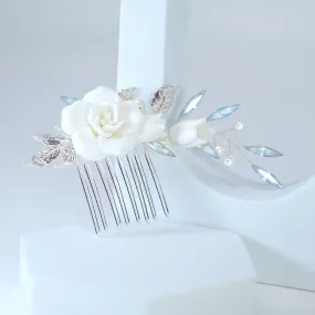 Porcelain White Rose With Dancing Lily Blossom Hair comb, Bridal Hair piece, Something Blue Hair Accessories, Wedding Hair Accessory.