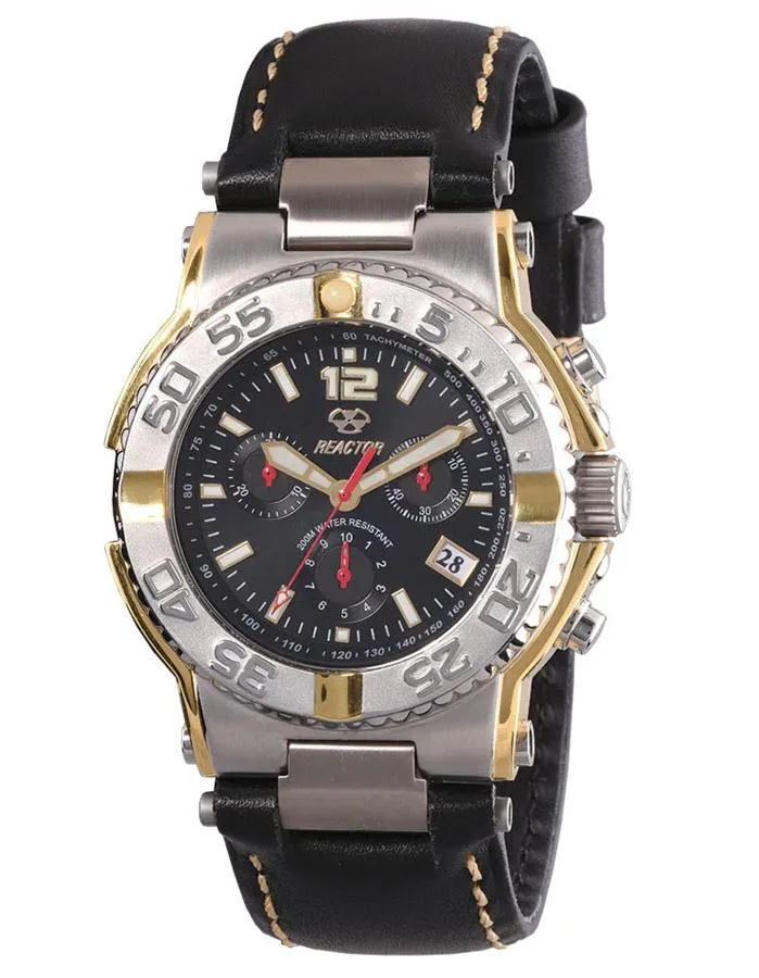 Reactor Critical Mass Mens Watch - Stainless & Gold-Tone - Black Leather Strap