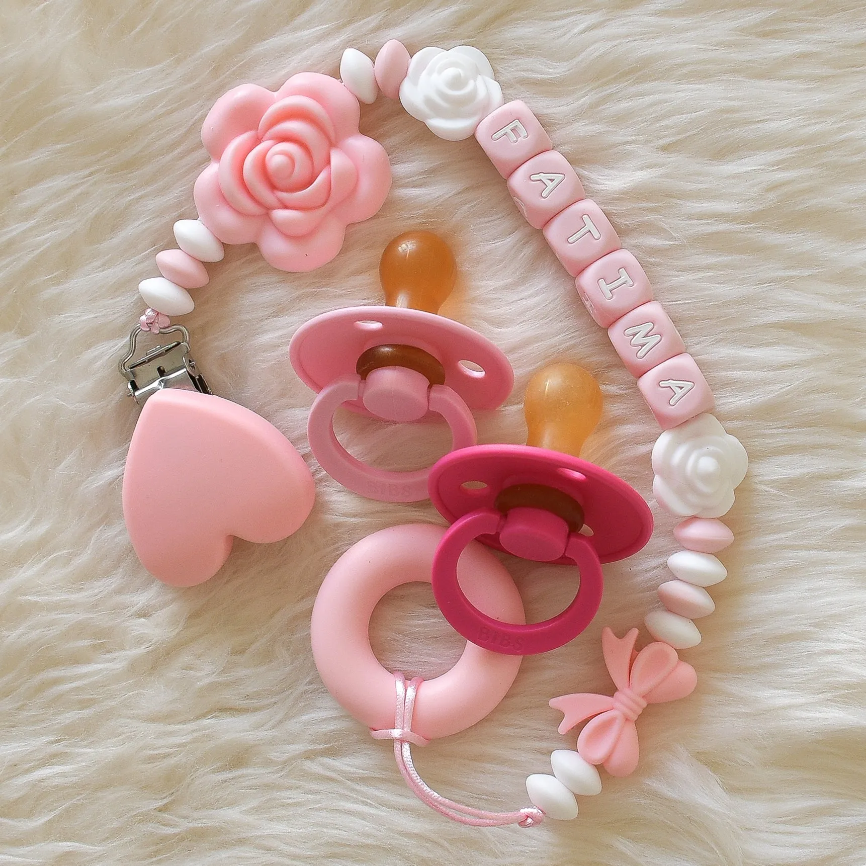 Rose Pacifier Clip & BIBS Pacifiers