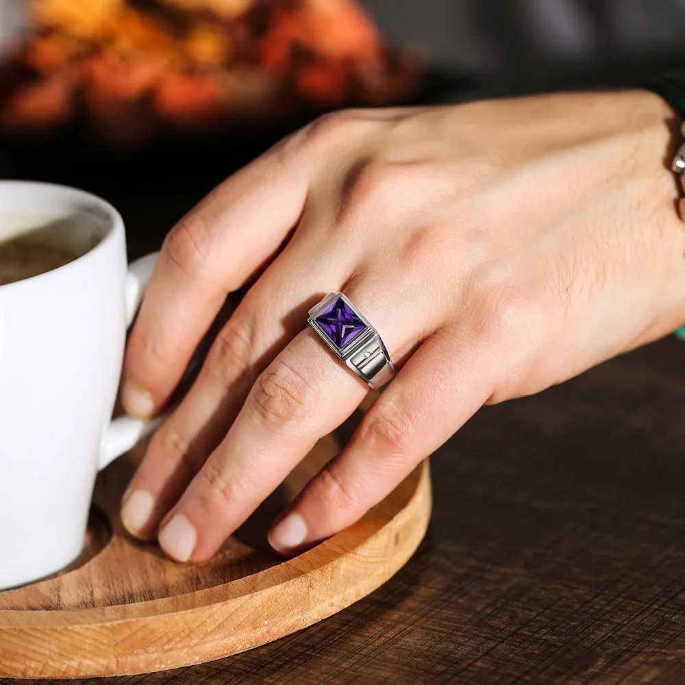 Solid 14K White Gold Wedding Ring with Purple Amethyst and 2 Natural Diamonds Ring for Men