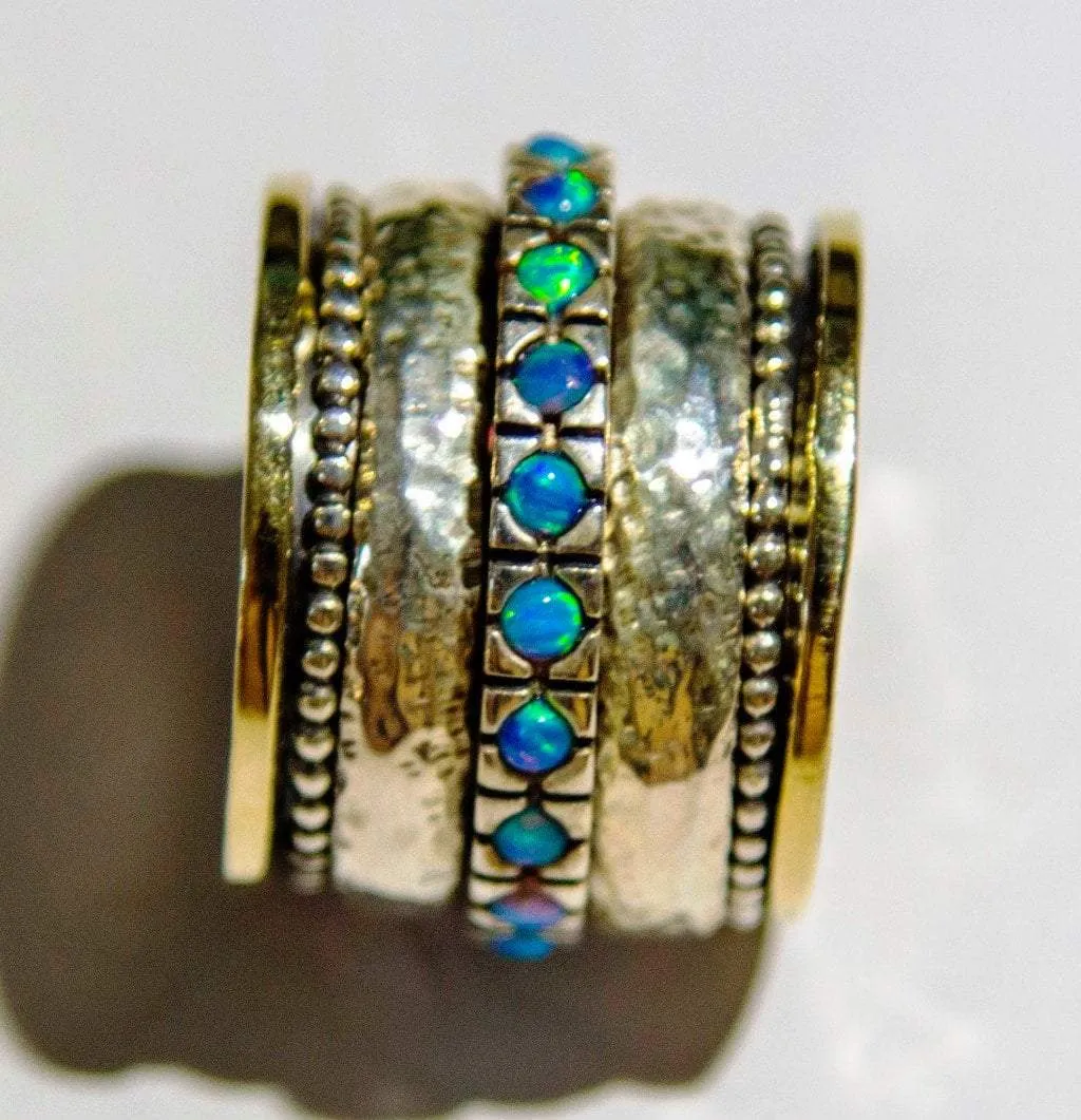 Spinner ring for woman, Valentine's Gift silver & 9K gold lab opals spinner rings for women