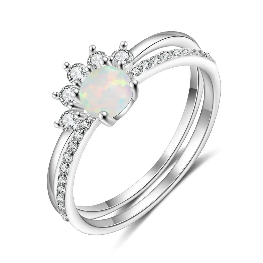 Sterling Silver Crown Rings With Round White Opal