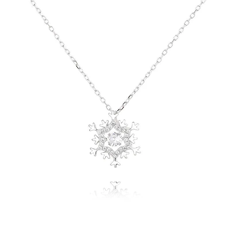 Sterling Silver Dancing CZ Heart Snowflakes Pendant Necklace Fidget Necklace