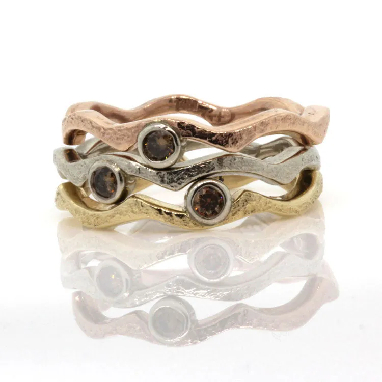 Tri-Color Wavy Stack Ring with Cognac Diamonds