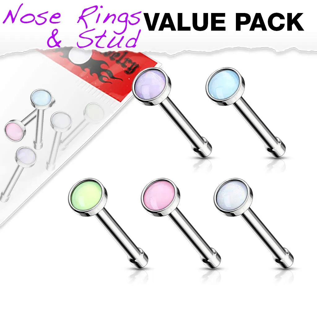 WILDKLASS 5 pcs Value Pack Illuminating Stone Set 316L Surgical Steel Nose Bone Stud Rings