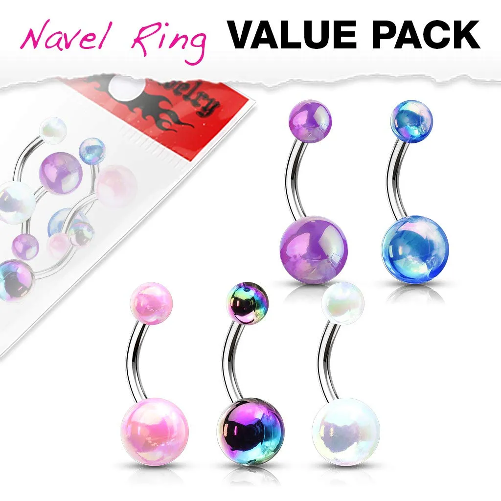 WILDKLASS 5 Pcs Value Pack Metallic AB Coating Balls 316L Surgical Steel Belly Button Navel Rings