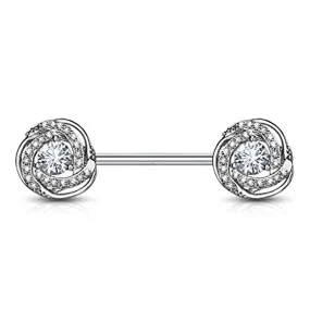 WildKlass CZ Paved with Round CZ Center Rose Blossom Ends 316L Surgical Steel Barbell Nipple Rings