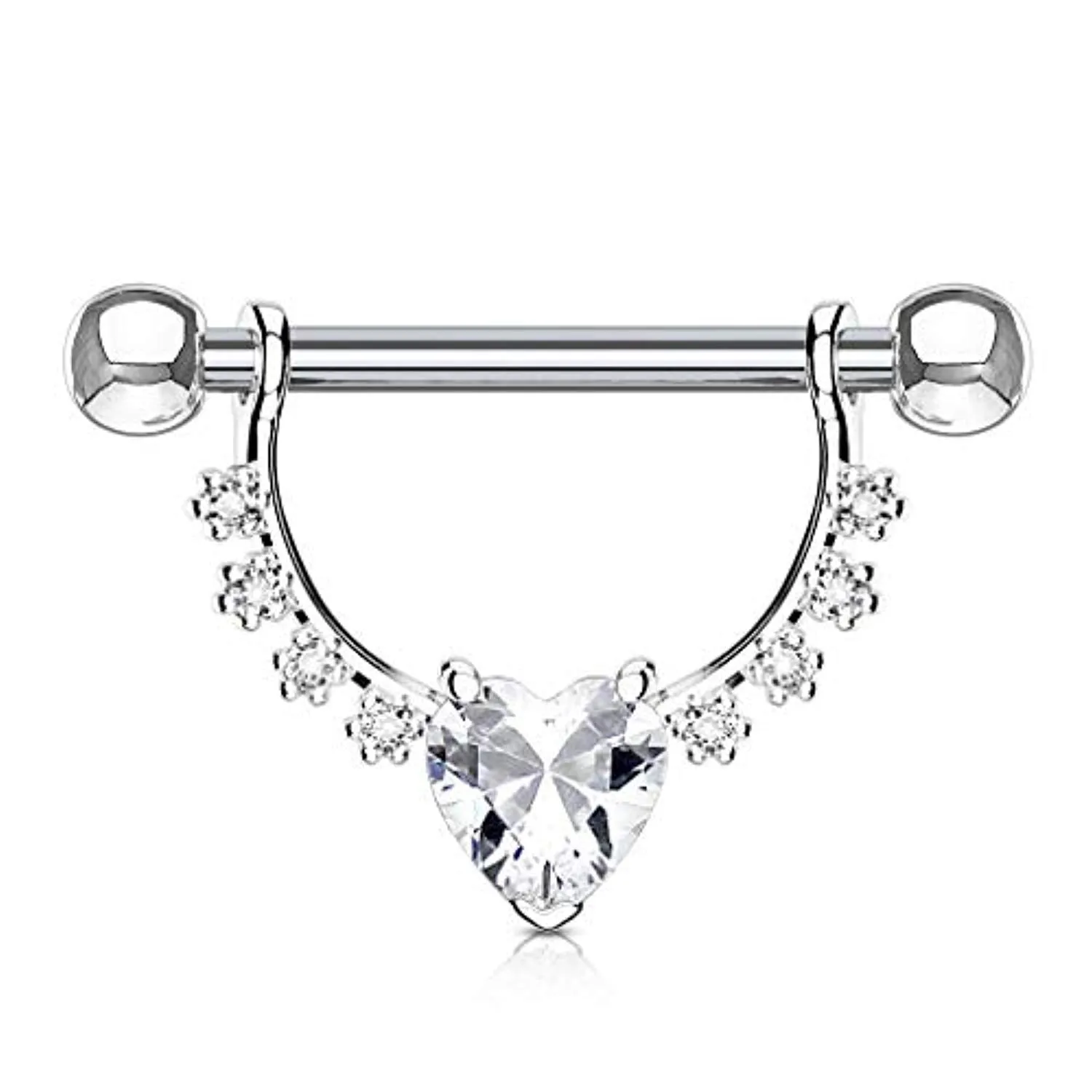 WildKlass Heart CZ Center with Lined Prong Set CZs Dangle 316L Surgical Steel Nipple Rings